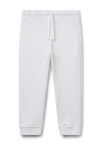 Weiße Kinder-Sweatpants mit elastischem Bund, Zugband, seitlichen Taschen und gerippten Bündchen.