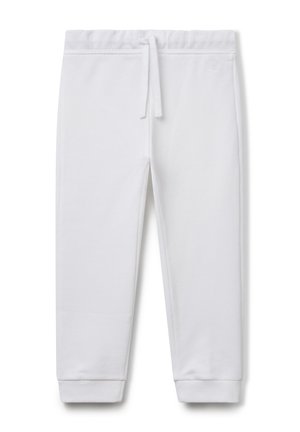 Pantalons de survêtement blancs pour enfants avec taille élastique, cordon de serrage, poches latérales et poignets côtelés.