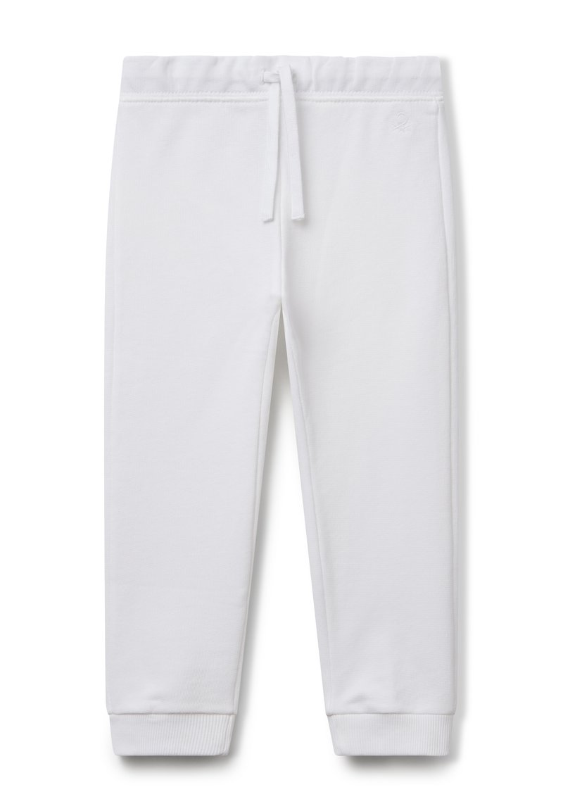Weiße Kinder-Sweatpants mit elastischem Bund, Zugband, seitlichen Taschen und gerippten Bündchen.