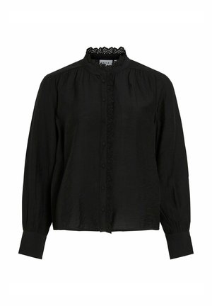 Zwarte blouse met knoopsluiting en lange mouwen, van textuurstof, met een scalloped kraag en kanten details aan de voorkant. Elegant en veelzijdig ontwerp.