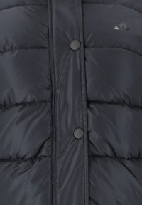 Svart pufferväst med en slät, glänsande yta. Har horisontella quiltade sektioner, en hög krage och knappproppar framtill.