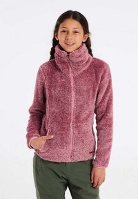 Fleece jakna svijetlo ružičaste boje, s patentnim zatvaračem, visokim ovratnikom, dugim rukavima s manžetama, bočnim džepovima, meke teksture i opuštenog kroja.