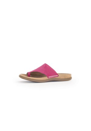 Pink suede slide sandal with an open toe and curved design. Features a tan rubber sole and decorative white stitching on the side.
