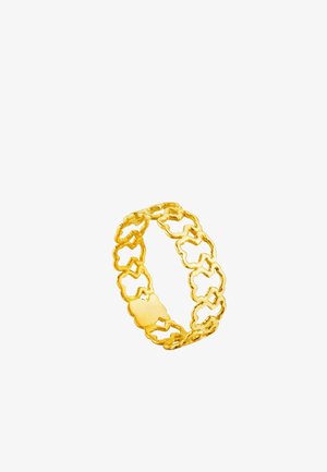 Bague en métal doré avec des formes quatrefoil reliées. Texture lisse, finition brillante. Comprend une pièce centrale accentuée solide et arrondie.