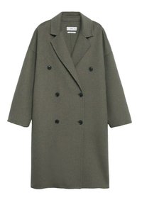 Long manteau en laine vert olive à double boutonnage avec de larges revers et six boutons noirs, présenté à plat sur fond blanc.