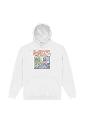 Hvid hættetrøje med et farverigt Marvel Comics-grafik med Hulk, Thor, Spider-Man, Black Panther og Scarlet Witch foran.