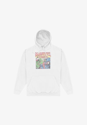Hvid hættetrøje med et farverigt Marvel Comics-grafik med Hulk, Thor, Spider-Man, Black Panther og Scarlet Witch foran.
