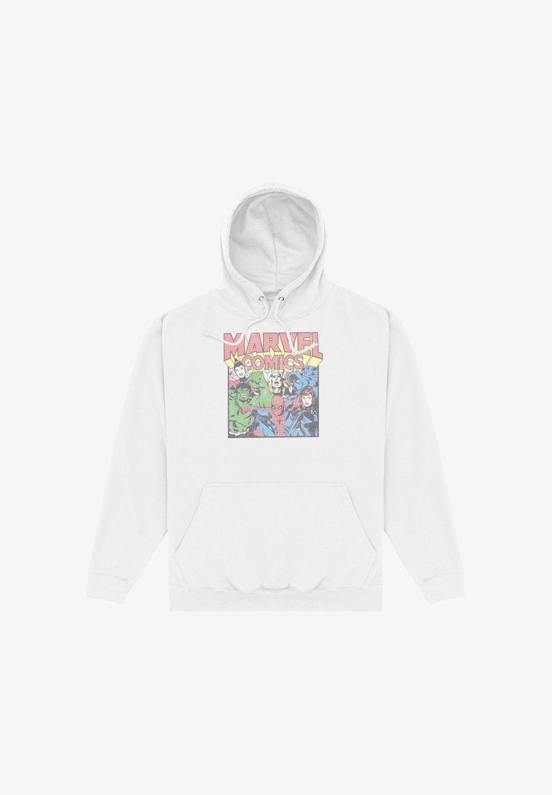 Sweat à capuche blanc avec un graphisme coloré Marvel Comics représentant Hulk, Thor, Spider-Man, Black Panther et Scarlet Witch sur le devant.