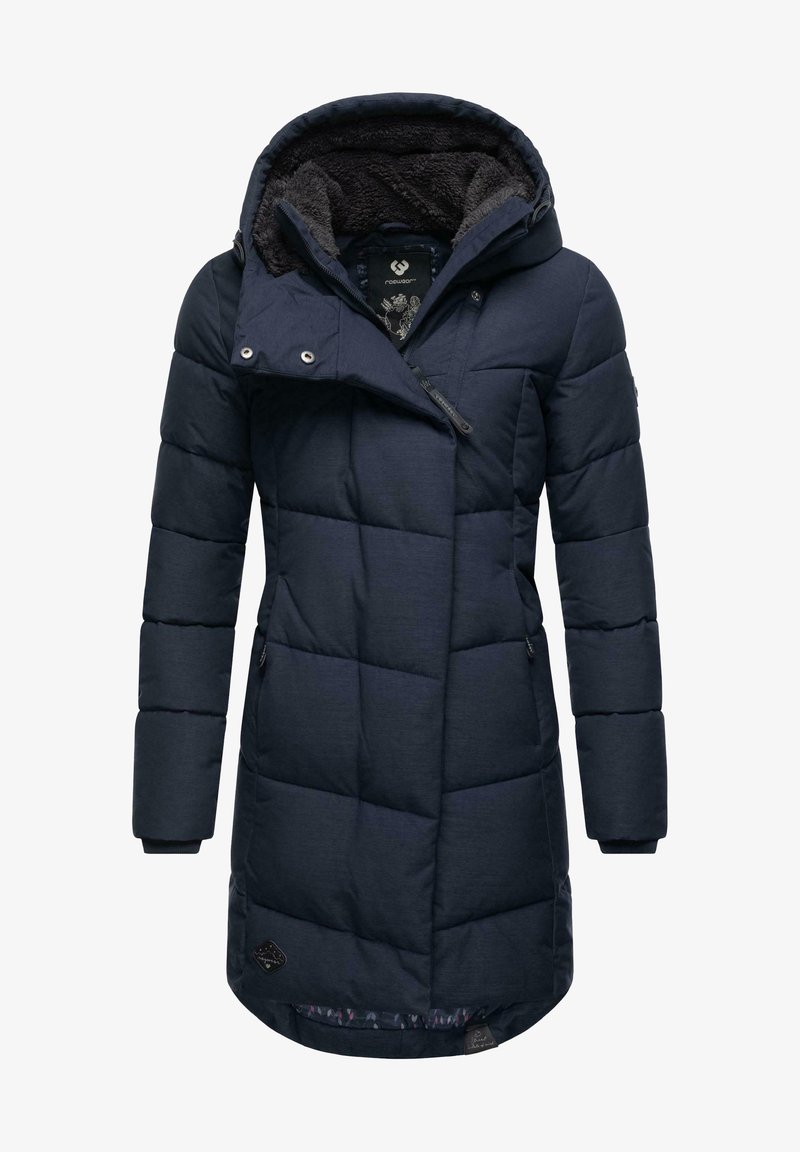 Navy blue puffer coat with a quilted design, adjustable hood, two side pockets, and textured interior lining. Features a zippered front.