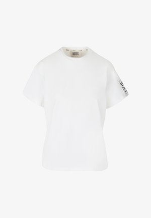 Witte katoenen t-shirt met korte mouwen, met een ronde hals, een ontspannen pasvorm en een klein logo-accent op de linkermouw.