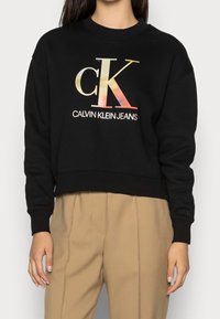 Felpa nera corta con logo "CK" e testo "CALVIN KLEIN JEANS" in colori sfumati. Polsini e orlo a coste, tessuto morbido.