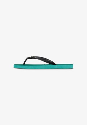 Tongs noires avec un semelle texturée ; comprend une semelle en EVA turquoise et un accent décoratif en chaîne sur les lanières.