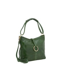 Borsa a mano verde in pelle con finitura testurizzata, un manico superiore singolo e una tracolla regolabile. Presenta un dettaglio accentato circolare in oro.