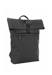 Zaino nero dal design elegante e minimalista. Realizzato in materiale resistente, con chiusura a rotolo e una fibbia frontale. Presenta un logo sul lato.