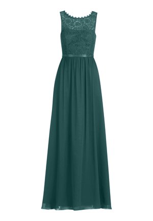 Lang teal kjole med en blonde top, ærmeløs design og en tætsiddende talje. Skørtet flyder glat, hvilket tilføjer elegance til det samlede udseende.