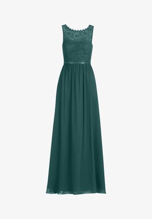 Długa turkusowa sukienka z koronkowym gorsetem, bez rękawów, z dopasowaną talią. Spódnica gładko opada, dodając elegancji całemu wyglądowi.
