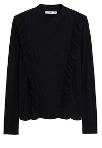 Maglia nera a maniche lunghe realizzata in tessuto testurizzato, con dettagli a volant lungo la parte anteriore e i lati, collo alto e vestibilità ampia.