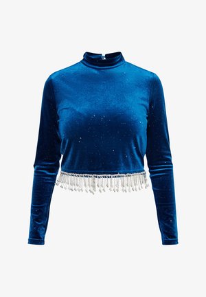 Top recortado de manga larga en terciopelo azul profundo con cuello alto. Brillantes adornos en toda la tela; detalle de flecos de cuentas en el dobladillo.