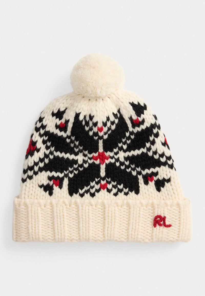 Knit beanie in cream with a black and red snowflake pattern. Features a fluffy pom-pom and a ribbed cuff. Embroidered "RL" detail.