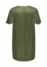 Žalia alyvuogių spalvos suknelė su trumpomis, plazdančiomis rankovėmis, tiesiu kirpimu ir centrine siūle nugaroje. Pagaminta iš glotnaus audinio.