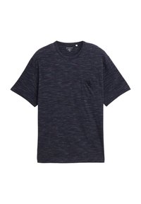 Marineblaues T-Shirt mit kurzen Ärmeln aus strukturiertem Stoff, ausgestattet mit einer Brusttasche und einem Rundhalsausschnitt sowie einem lockeren Schnitt.