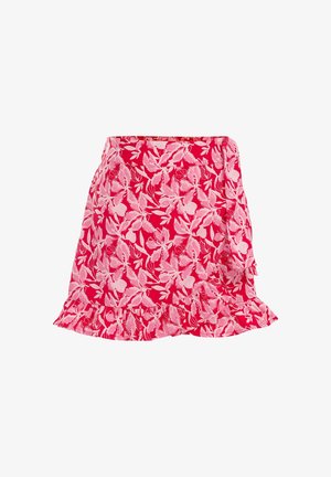 Rød mininederdel med pink blomsterprint, voluminøs kant og slå-om design på hvid baggrund.