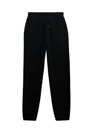 Sorte sweatpants lavet af blødt stof, med elastisk talje med snor, tapered ben og et broderet logo på siden.