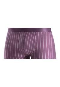 Boxers de rayas moradas hechos de una tela suave. Presentan un diseño ajustado con una cinturilla con logo y estrechas franjas verticales blancas.