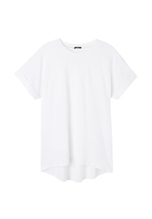 Camiseta de algodón blanca con manga corta, cuello redondo y dobladillo curvado. Textura suave, diseño simple y sin patrones o acentos visibles.