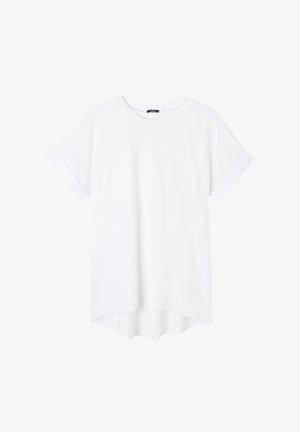 Camiseta de algodón blanca con manga corta, cuello redondo y dobladillo curvado. Textura suave, diseño simple y sin patrones o acentos visibles.