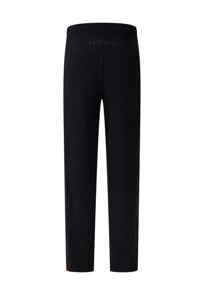 Sorte sweatpants med en glat tekstur, elastisk talje og diskret "FIRE+ICE" branding på bagsiden. Sidelinjer i kontrastfarve.