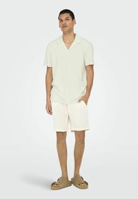 Ljusgrön kortärmad skjorta med skär krage, kombinerad med krämfärgade shorts och bruna sandaler med öppen tå. Slät textur, avslappnad passform.