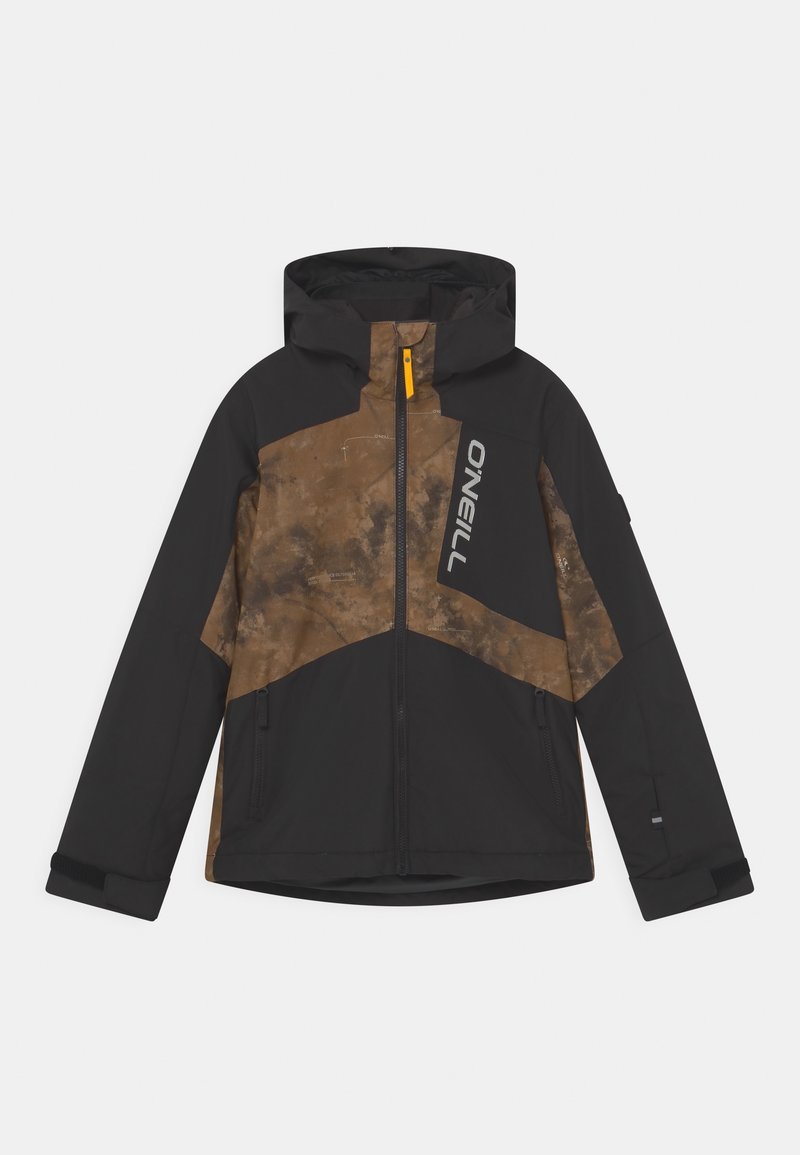 Veste noire et marron avec capuche, présentant un design géométrique, fermeture éclair et logo. Texture lisse avec des accents contrastants.