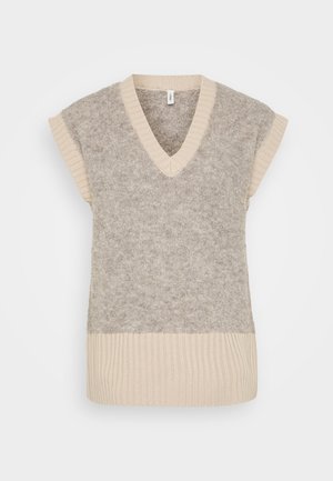 Beige ullvest med V-hals, korte ermer og ribbestrikket kant nederst. Myk tekstur med et lett melert mønster.