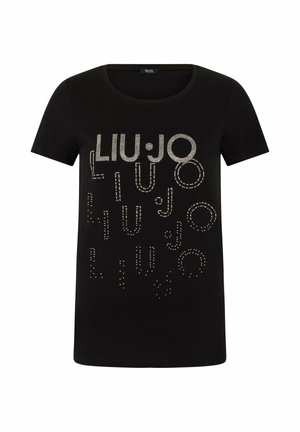 Crna kratkih rukava majica s natpisom "LIU JO" ponovljenim u srebrnim ukrasnim slovima sprijeda, okruglim izrezom i redovitim krojem.