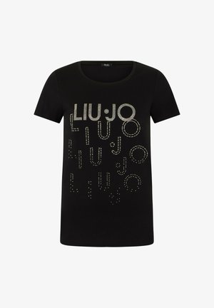 Crna kratkih rukava majica s natpisom "LIU JO" ponovljenim u srebrnim ukrasnim slovima sprijeda, okruglim izrezom i redovitim krojem.