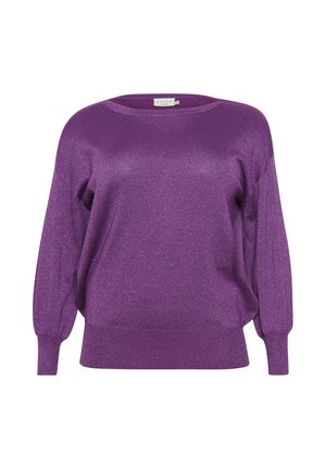 Maglione oversized viola, scintillante, con maniche lunghe e leggermente a sbuffo e un ampio scollo. Realizzato in un morbido tessuto a maglia testurizzato.