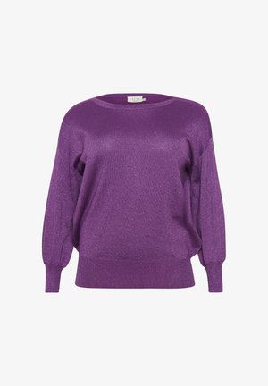 Purple, shimmering oversized sweater with long, slightly puffed sleeves and a wide neckline. Made from a soft, textured knit material.