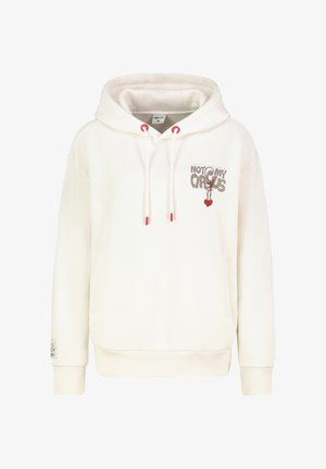 Light cream hoodie with red accent drawstrings, "NOT MY CIRCUS" graphic on front, kangaroo pocket, ribbed cuffs, and a soft texture.