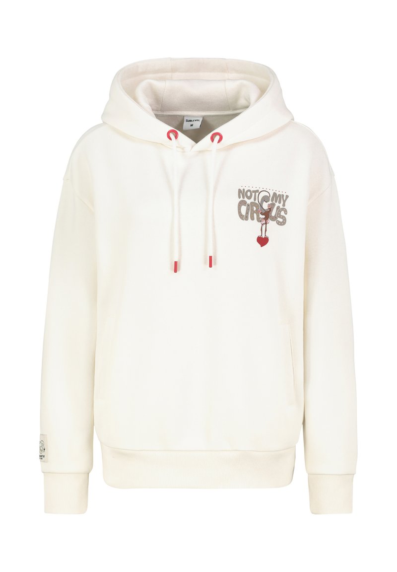 Light cream hoodie with red accent drawstrings, "NOT MY CIRCUS" graphic on front, kangaroo pocket, ribbed cuffs, and a soft texture.