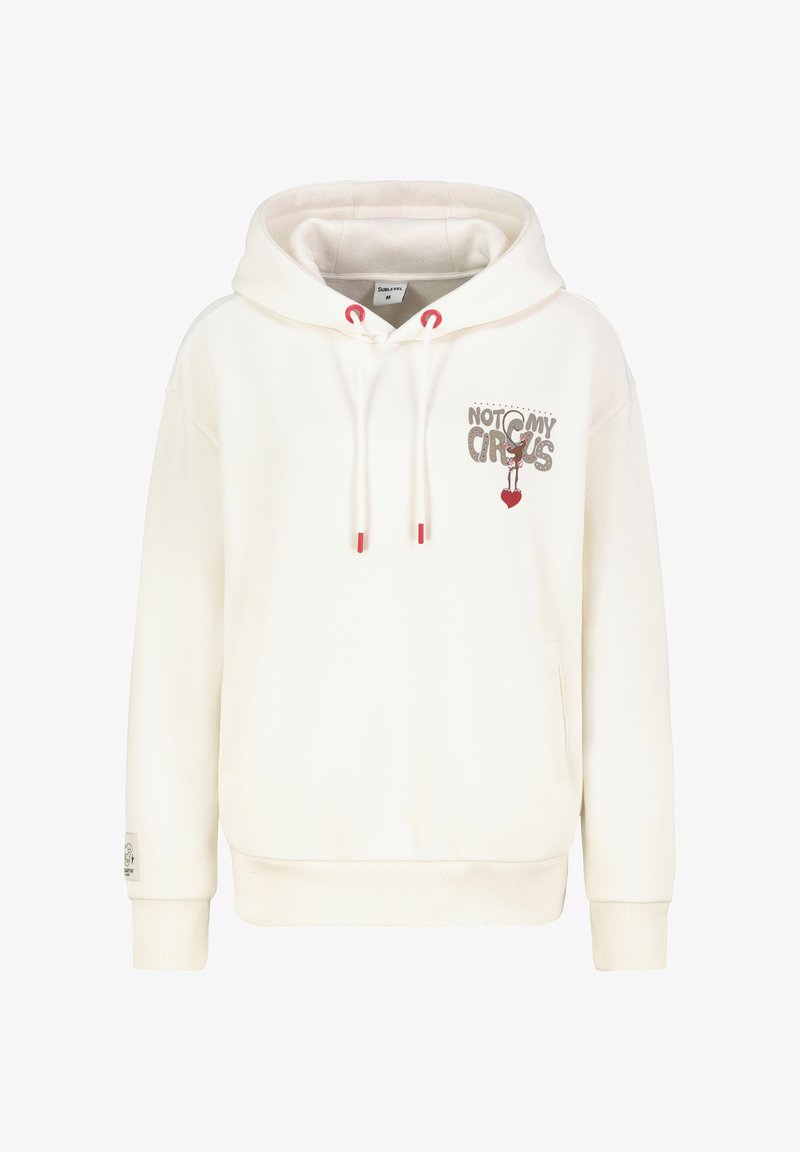 Light cream hoodie with red accent drawstrings, "NOT MY CIRCUS" graphic on front, kangaroo pocket, ribbed cuffs, and a soft texture.