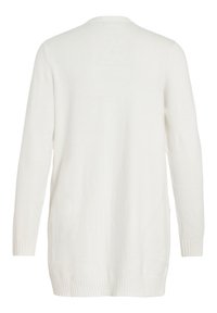 Jersey blanco largo con un diseño sencillo, dobladillo y puños acanalados, y una textura suave, con cuello redondo y sin cierres o adornos visibles.