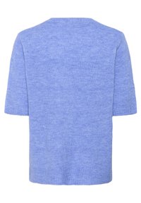 Világoskék, rövid ujjú kötött pulóver, lekerekített nyakkivágással és bordázott szegélykivágással. Puha tapintású, enyhén laza fazonú, egyszerű dizájnnal.