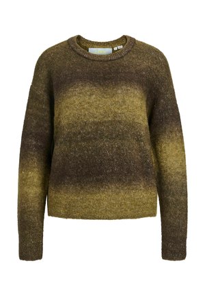 Sweter z dzianiny z długimi rękawami i okrągłym dekoltem, w gradientowym odcieniu od oliwkowej zieleni do brązu, o fakturowanej tkaninie.