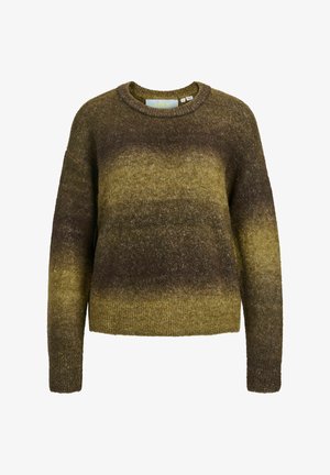 Pull en maille à manches longues avec col rond, dans un dégradé de vert olive à marron et tissu texturé.