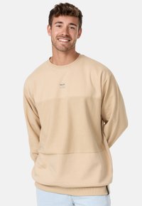 Beżowy długi rękaw sweatshirt z teksturowanym panelem, okrągłym dekoltem i małą naszywką z logo na piersi. Miękki materiał i luźny krój.