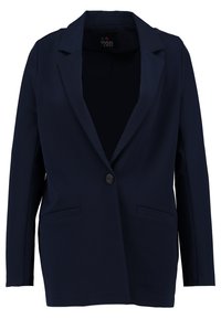 Blazer bleu marine à un bouton avec revers crantés et deux poches passepoilées à l'avant, coupe ajustée.