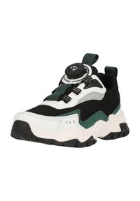 Schwarze Mesh-Sneaker mit weißen und grünen Akzenten, runder Dial-Verschluss, Gummisohle und strukturierten Details für Traktion und Unterstützung.