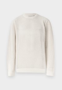 Crèmekleurige, gebreide trui met lange mouwen, voorzien van een gestructureerd honingraatpatroon en een geribbelde kraag, manchetten en zoom.
