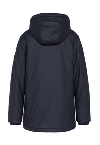 Giacca impermeabile blu navy, con cappuccio, orlo anteriore, maniche lunghe e una texture liscia. La vista posteriore mostra un design semplice e pulito.